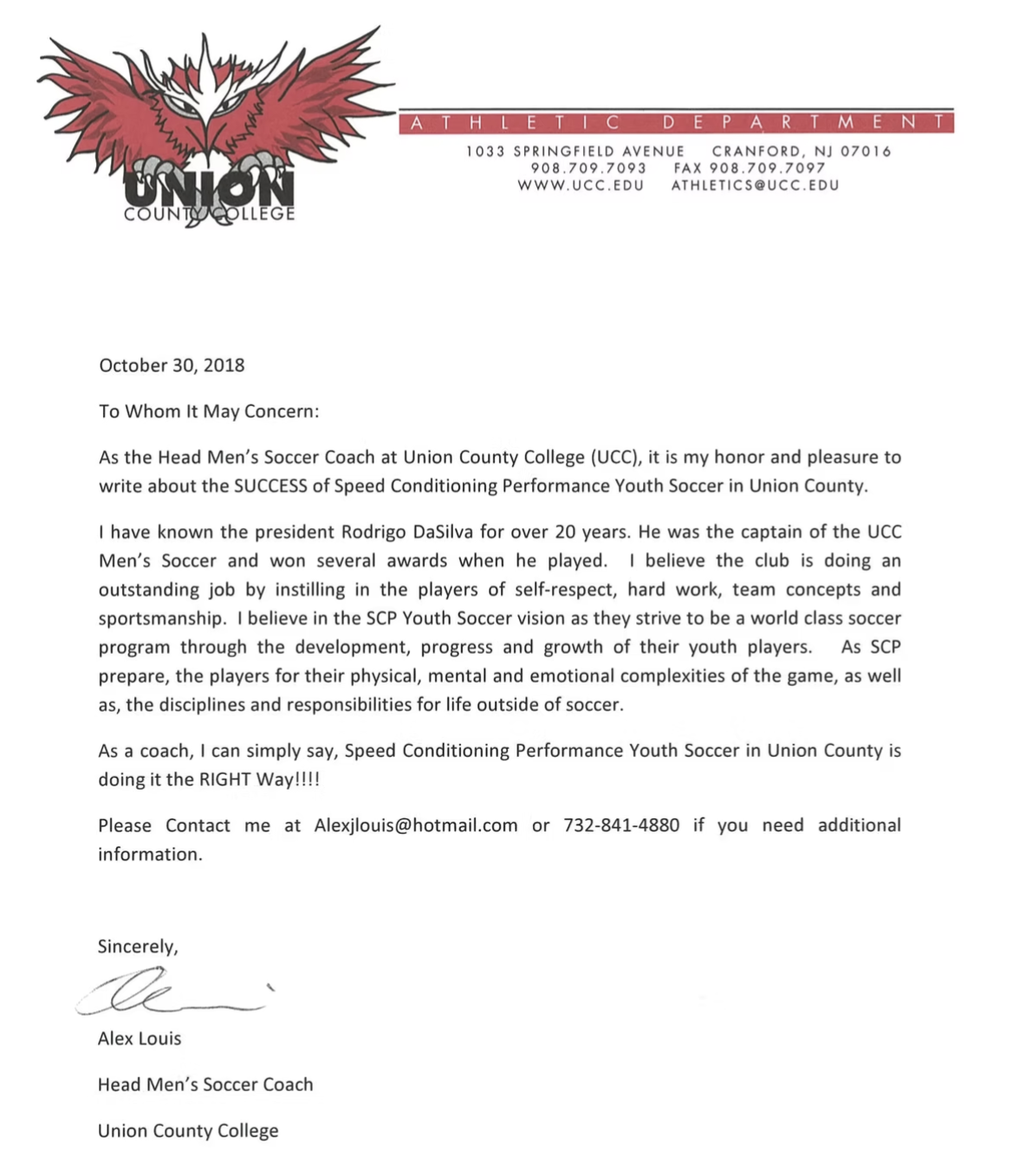 Letter from Alex Louis, Head Men's Soccer Coach at Union County College, about Rodrigo DaSilva and SCP Youth Soccer